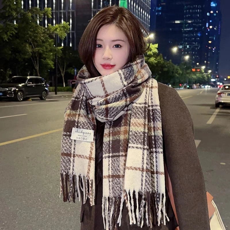 New Plaid Autumn And Winter White Scarf Women's  Atmosphere Warm Soft Tassel Shawl Scarf