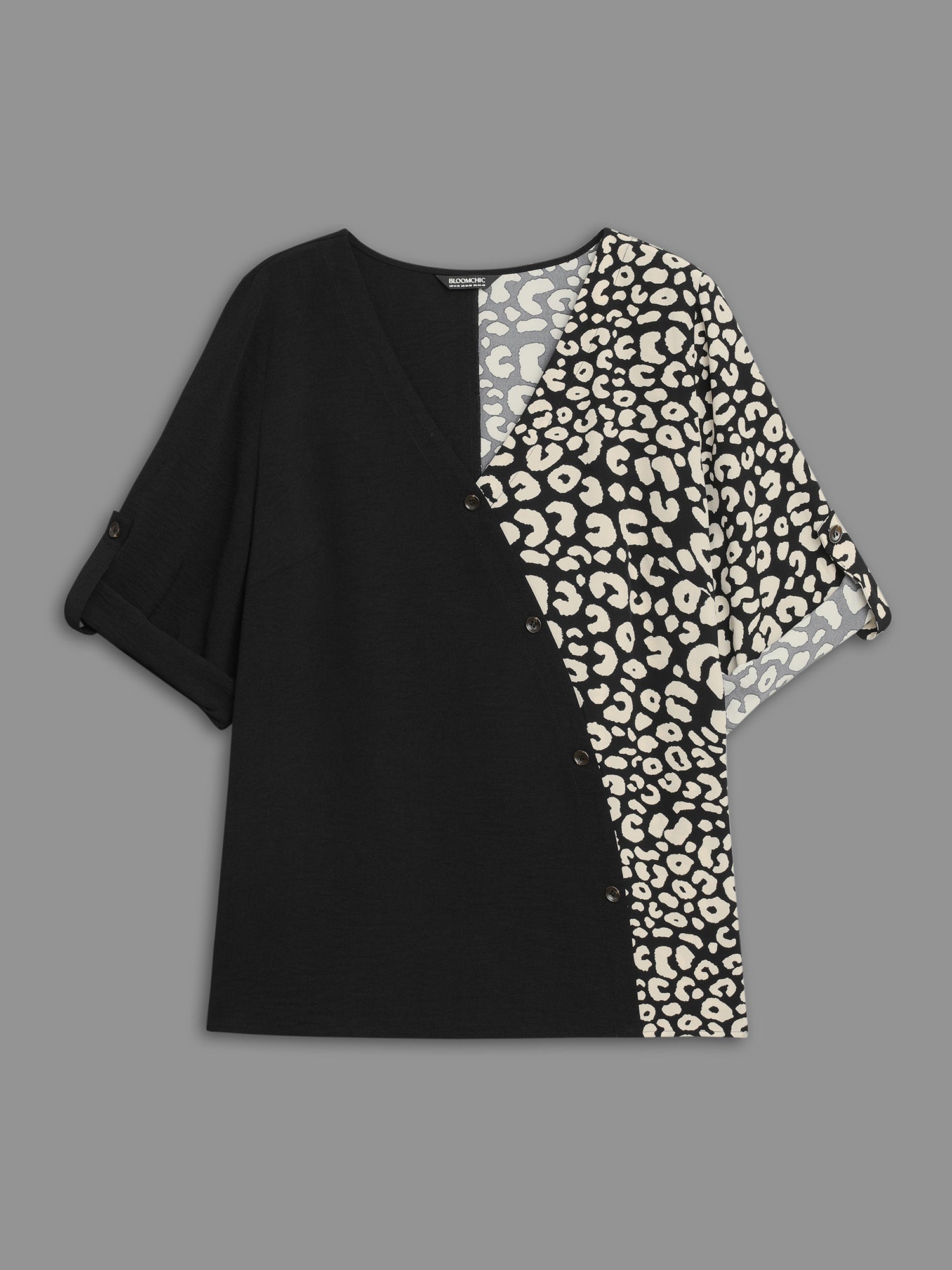 Leopard Print Spliced Tab Sleeve Blouse