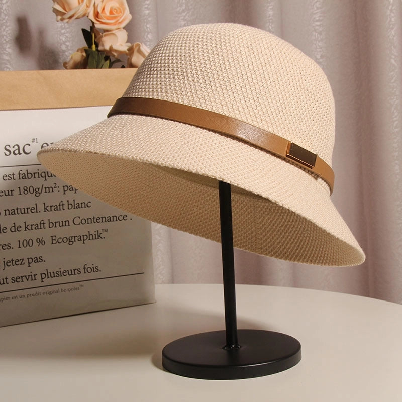 Korean Style Cotton And Linen Knitted Belt Buckle Fisherman Hat Female British Versatile Fashion Sun Protection Basin Hat Simple Top Hat Fashion