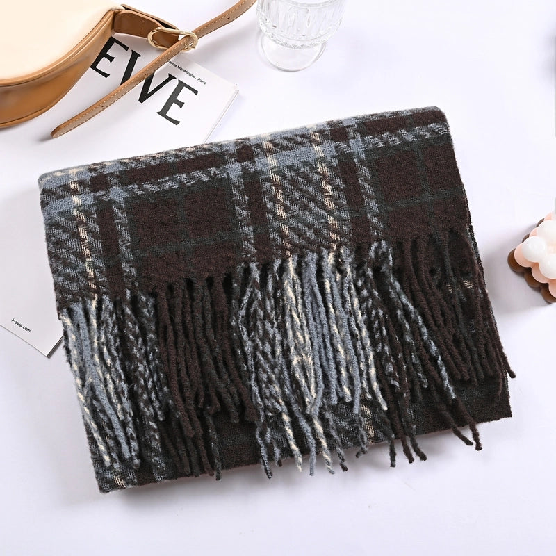 Winter New Plaid Cashmere Scarf Tassel Loop Yarn Warm Scarf Shawl Unisex