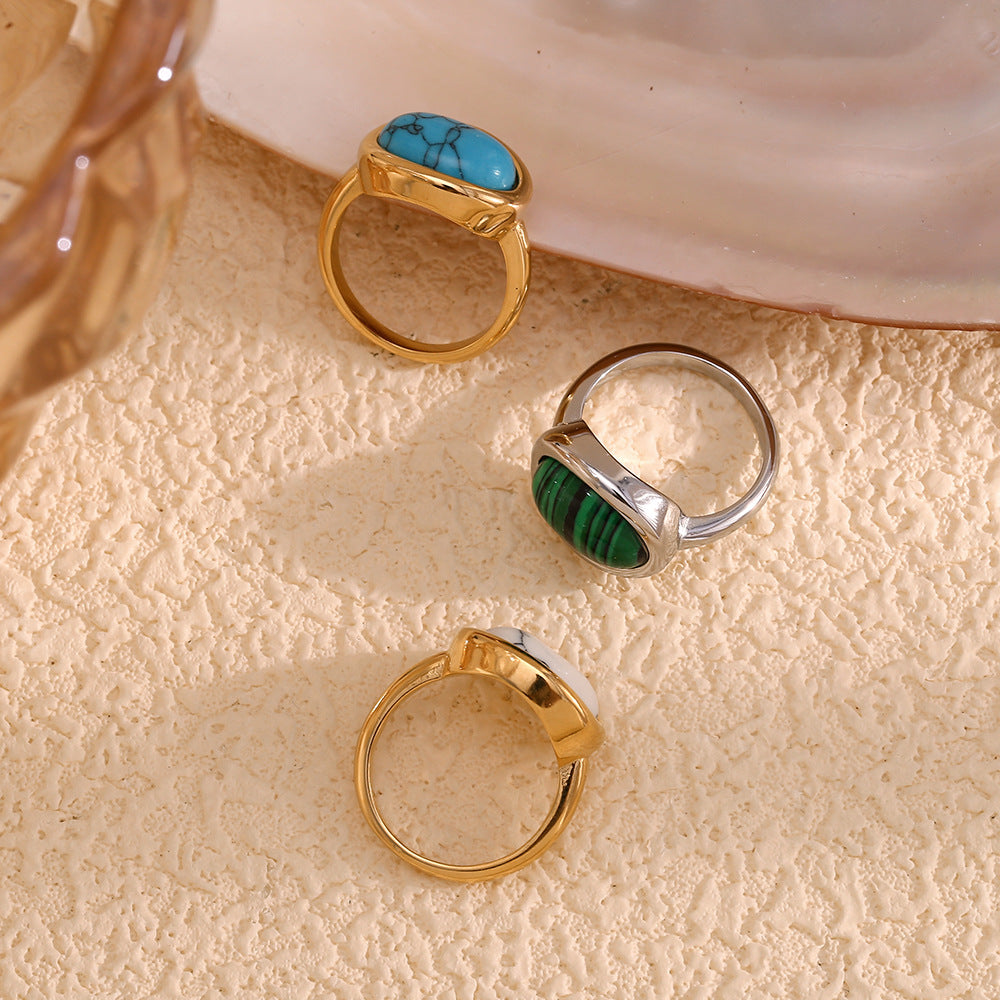 Fashion Niche Retro Personality Hand Jewelry Stainless Steel Plated 18K Gold Simple Natural Stone Gemstone Ring