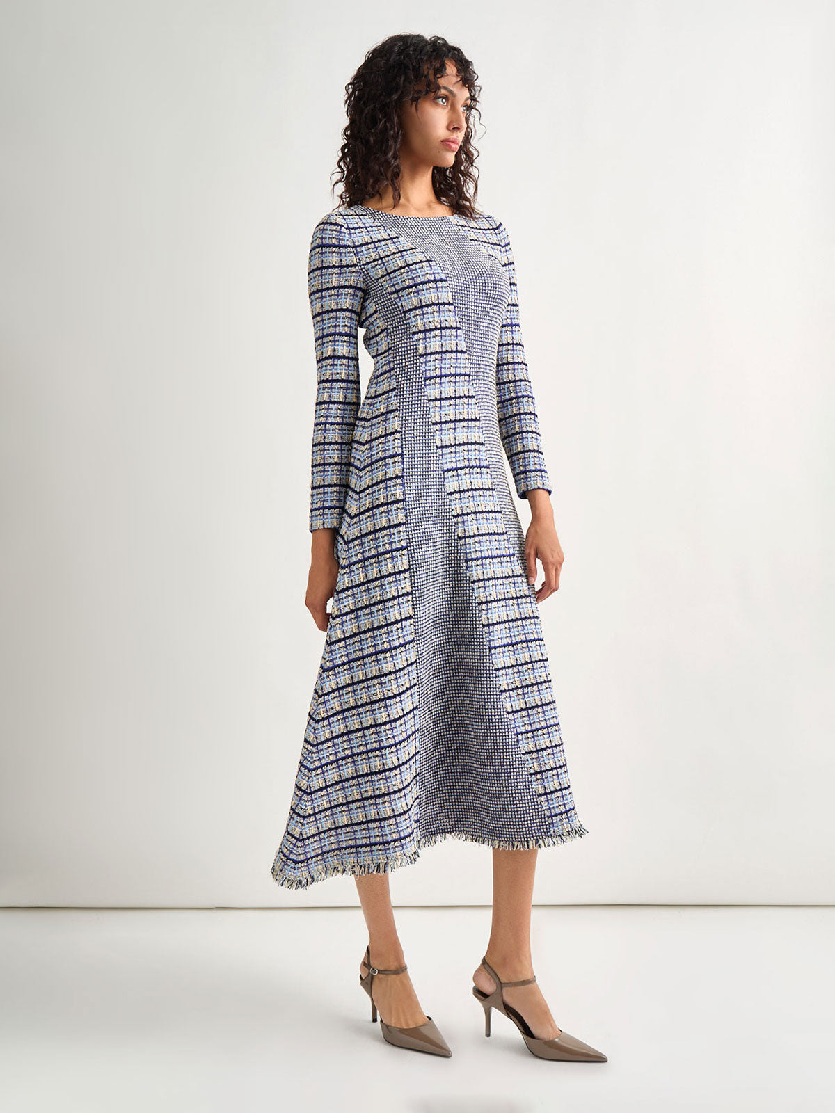 Fit-and-Flare Multi-Stitch Tweed Maxi Dress