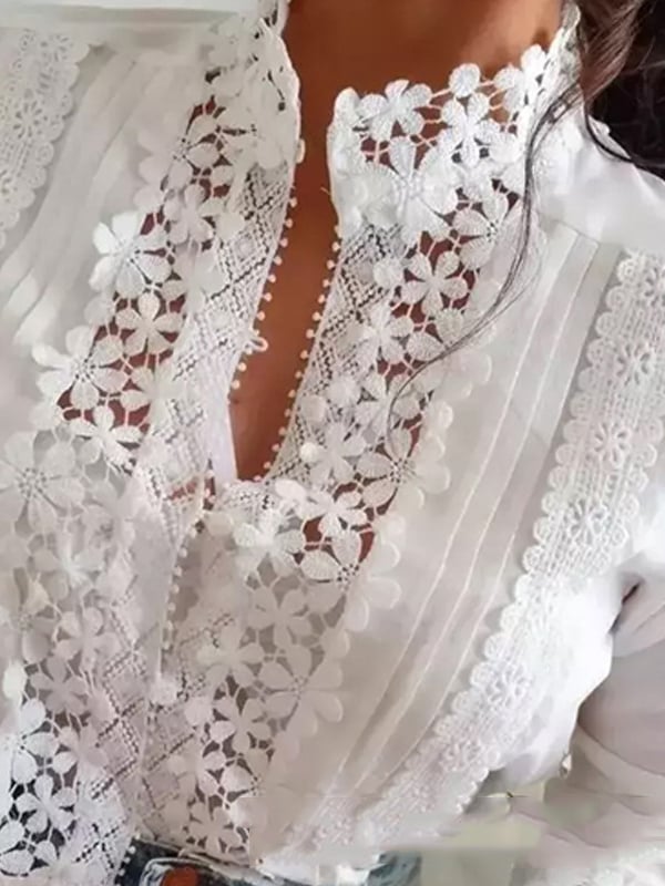 Long Sleeves Loose Buttoned Embroidered Solid Color Split-Joint Stand Collar Blouses&Shirts Tops