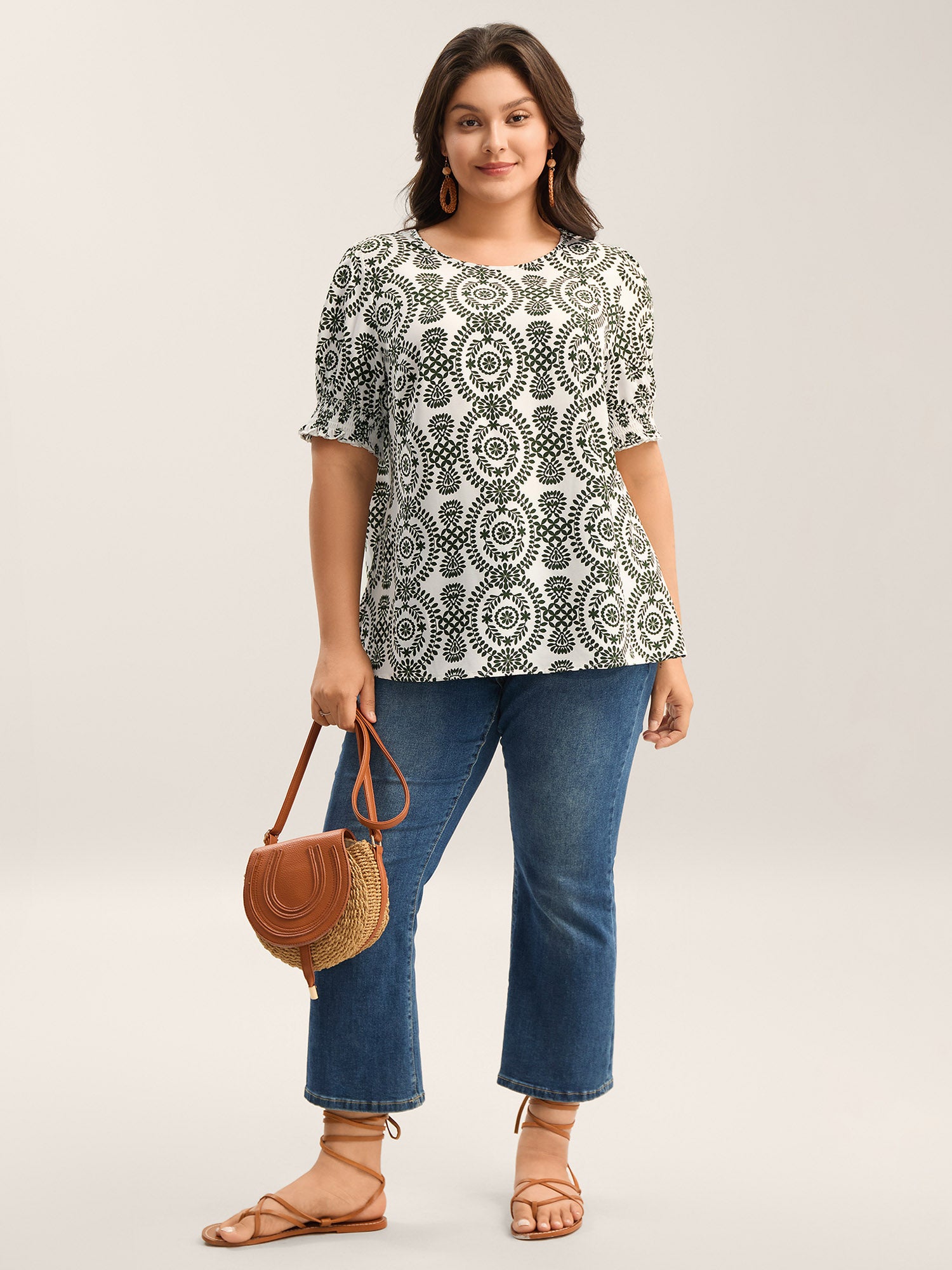 Ornate Print Shirred Blouse