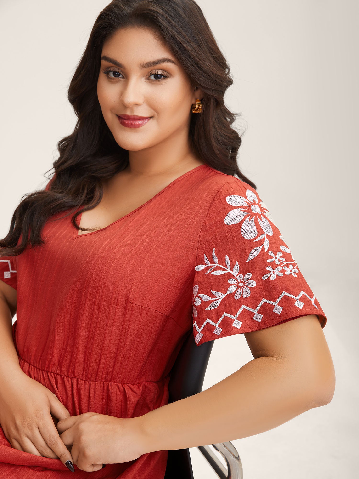 Embroidered Sleeve Cinched-Waist Midi Dress