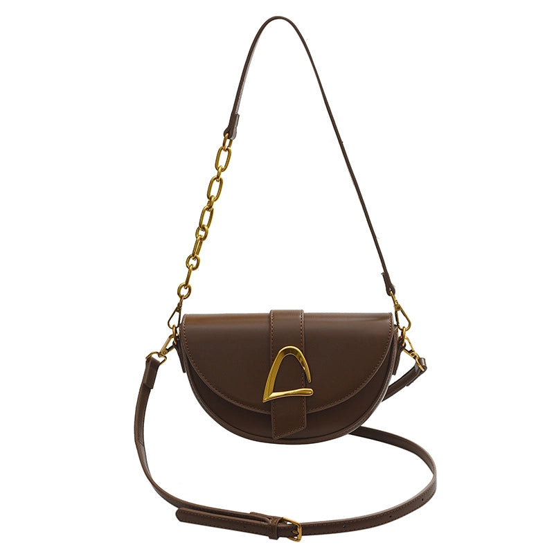 Women's Small All Seasons Pu Leather Solid Color Classic Style Oval Magnetic Buckle Saddle Bag