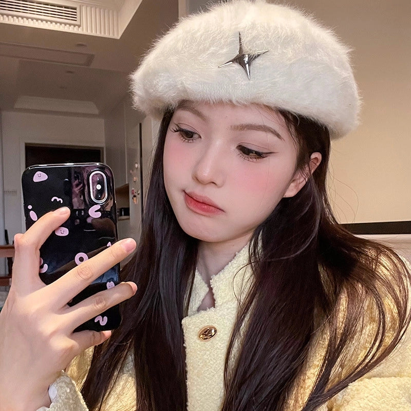 New White Plush Rabbit Fur Anti-wear Beret For Women New Autumn And Winter Face-looking Small Forward Hat Painter Hat