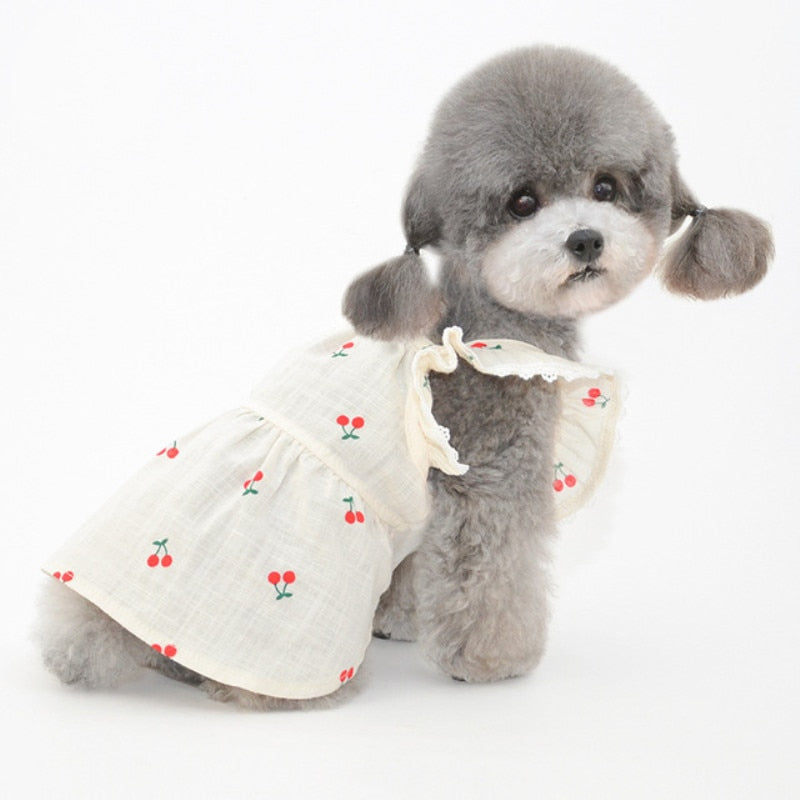 Cherry Printed Dog Cat Dress With Hat