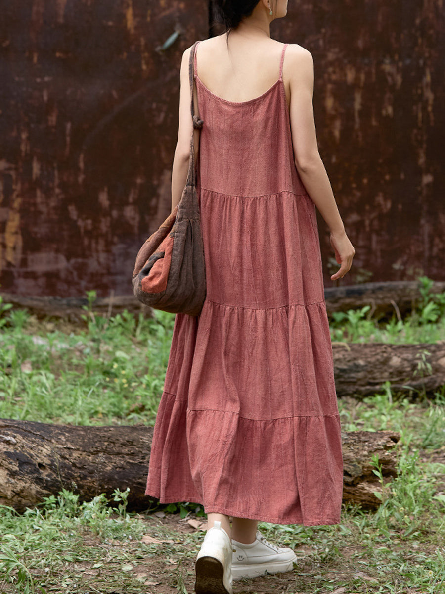 Women Summer Pure Color O-Neck Linen Maxi Vest Dress