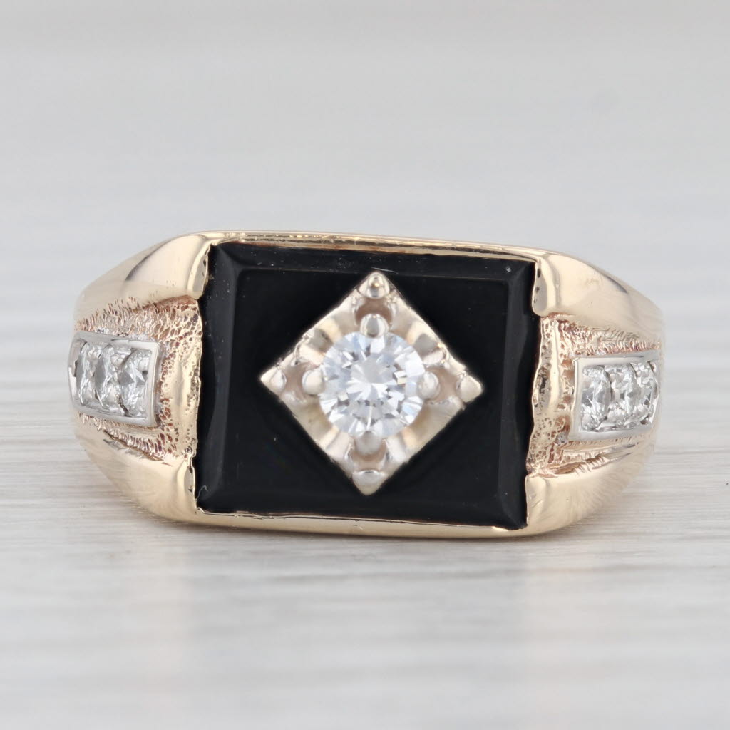 Vintage 0.51ct Diamond Onyx Signet Ring 10k Yellow Gold Size 10.5 Men's
