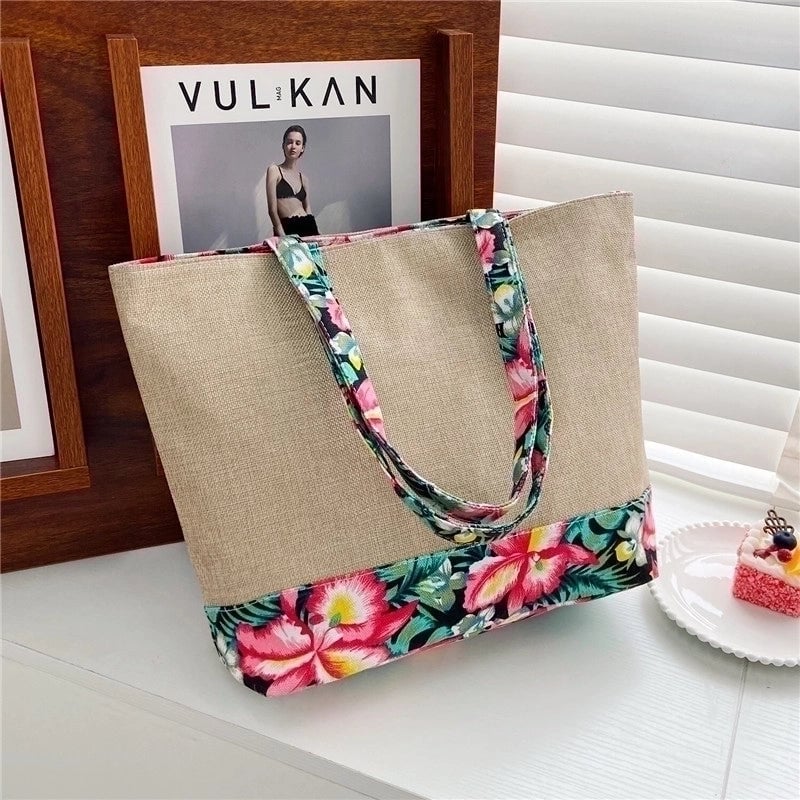 Women's Large Cotton And Linen Geometric Ethnic Style Zipper Tote Bag