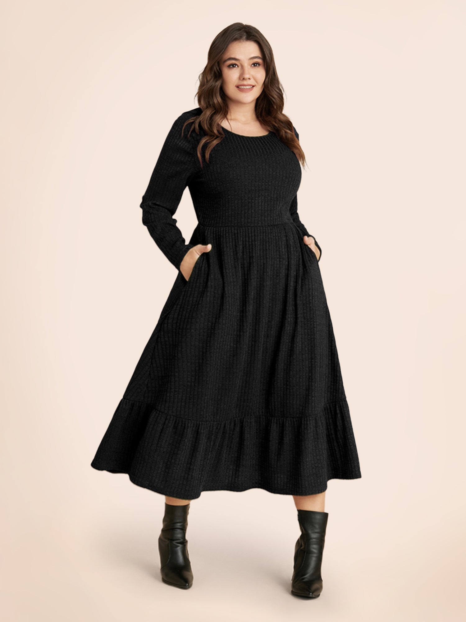 Solid Pocket Rib Knit Ruffle Hem Dress Without Belt