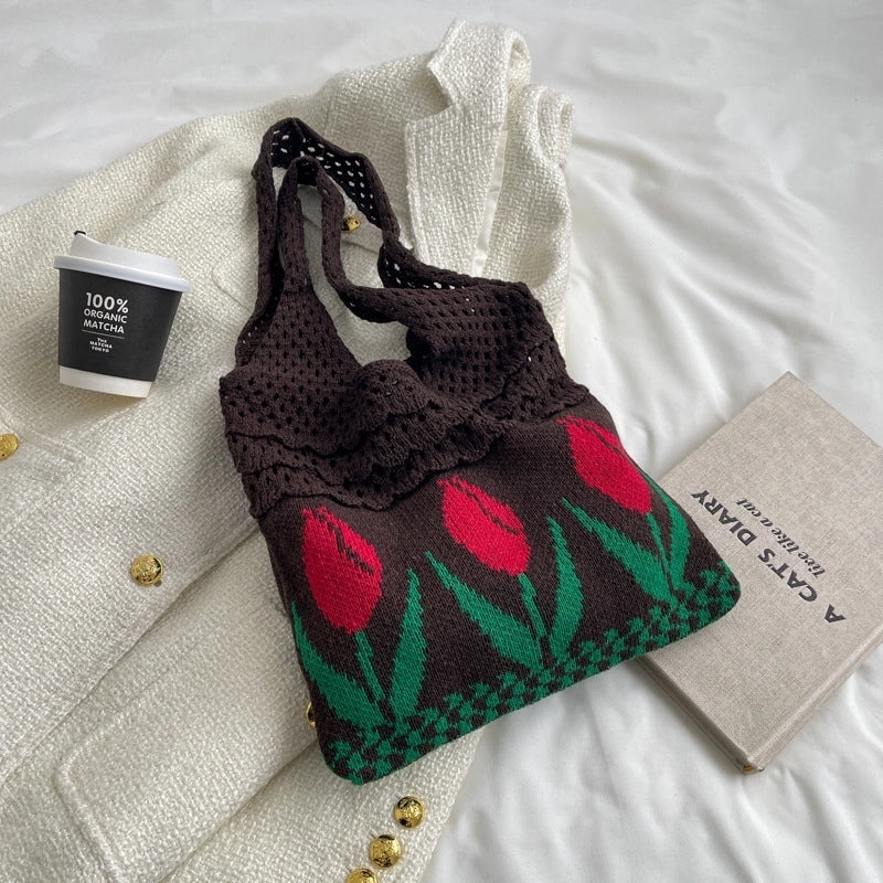 Women's Medium Fabric Flower Vintage Style Vacation Weave Open Handbag