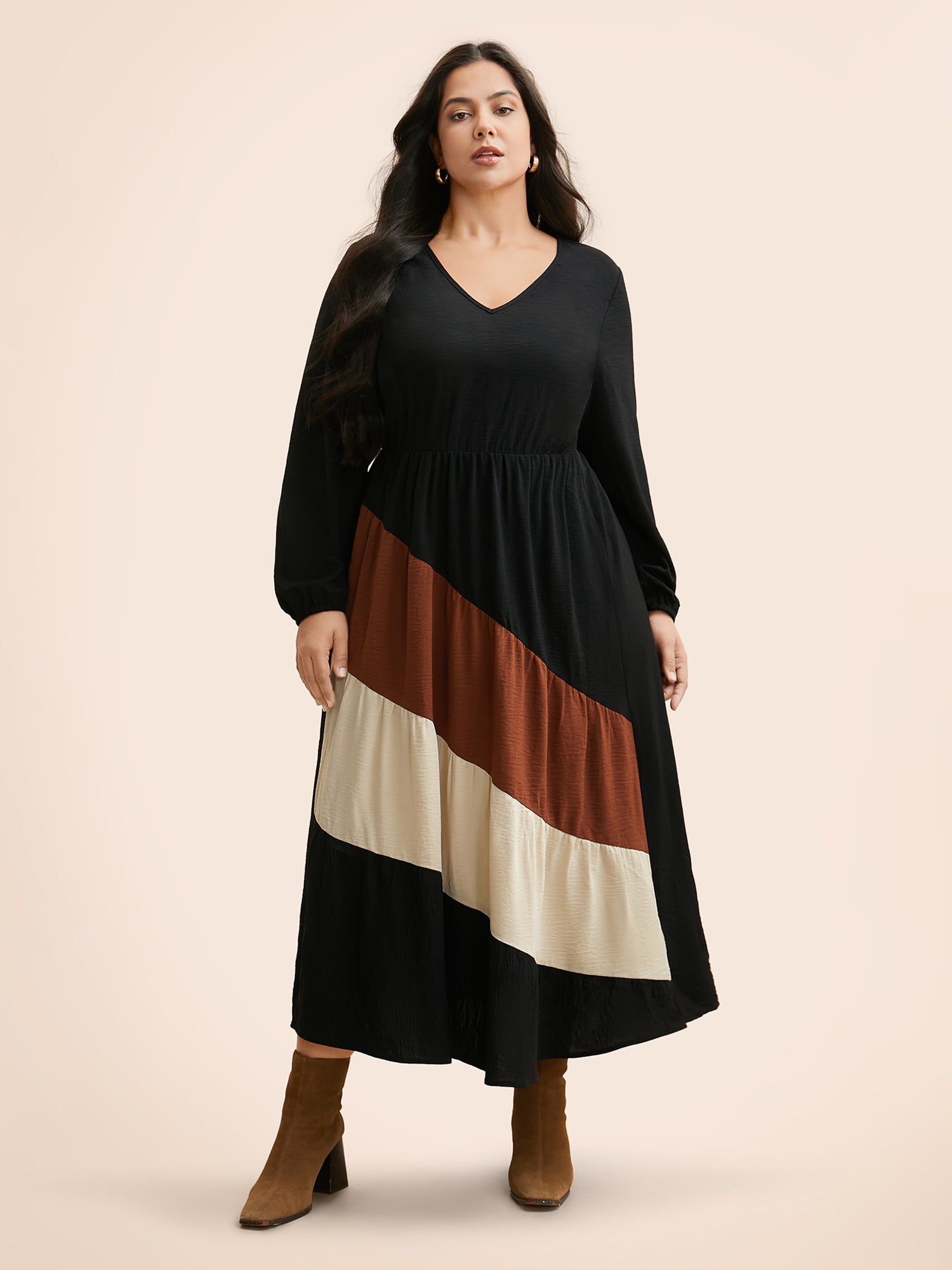 Colorblock Contrast Gathered Lantern Sleeve Dress