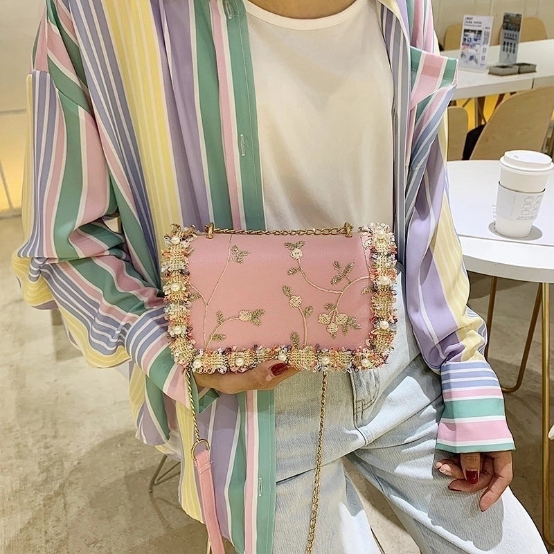 Women's Medium Pu Leather Flower Streetwear Lace Square Flip Cover Crossbody Bag
