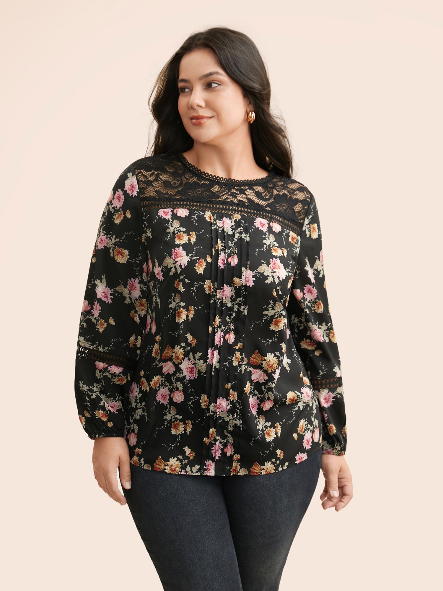 Floral Lace Panel Lantern Sleeve Blouse