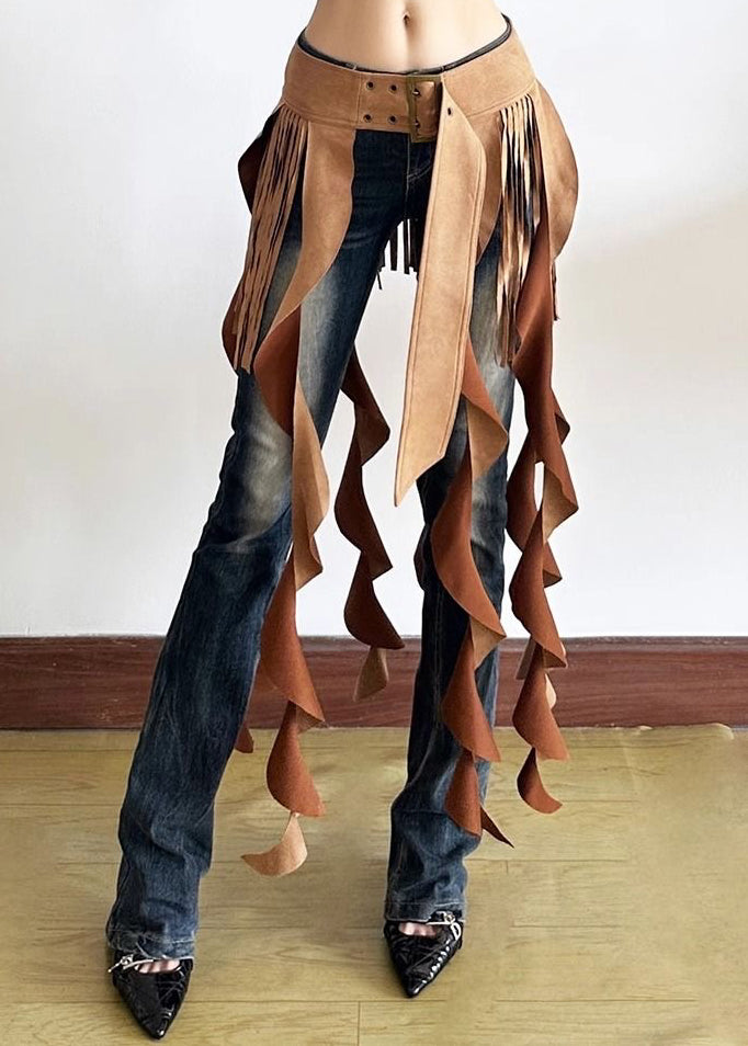 Chic Brown Patchwork Wavy Line Tassel Ribbon Sashes Skirt