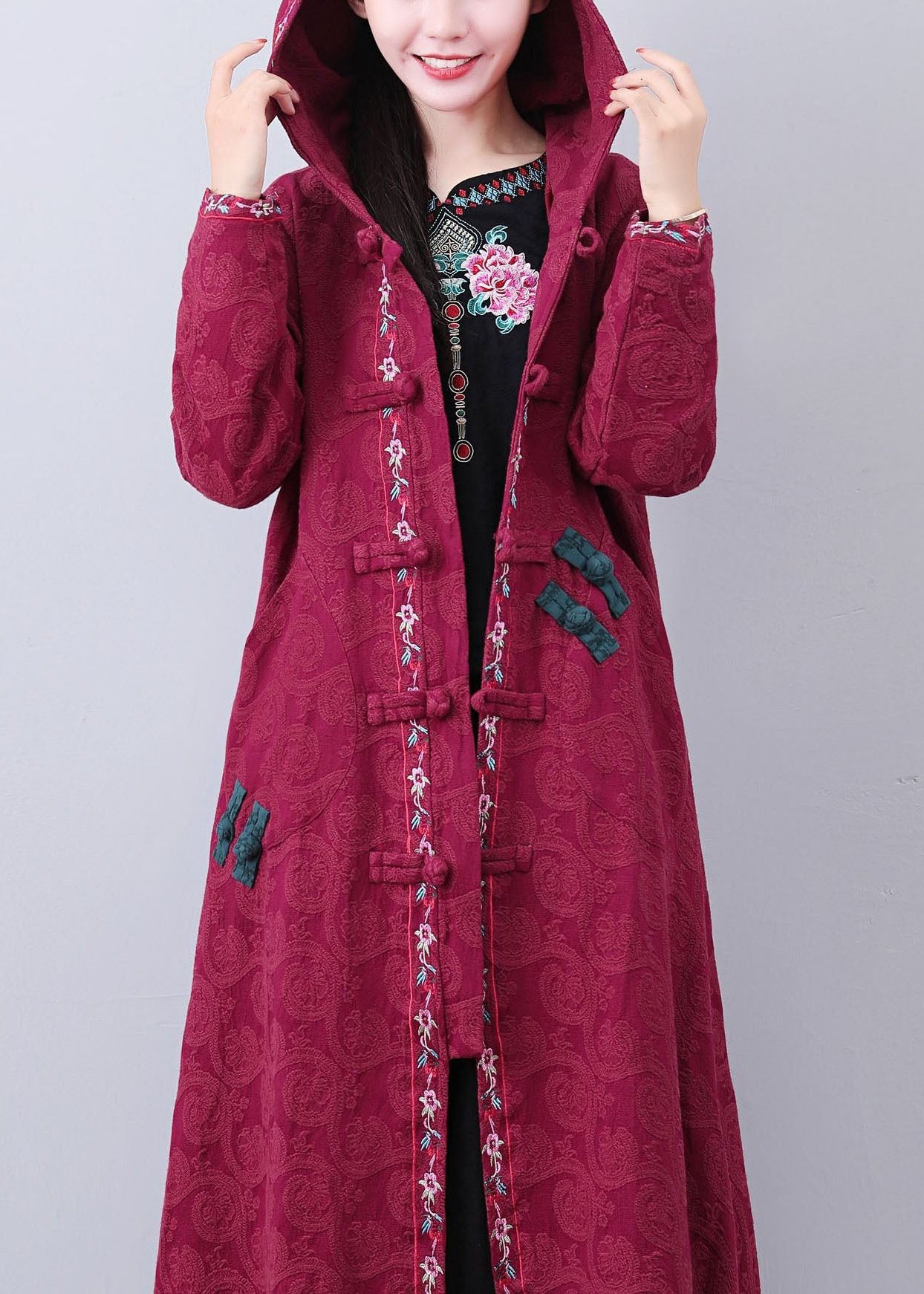 Art Brick Red Hooded Embroideried Jacquard Long Coat Fall