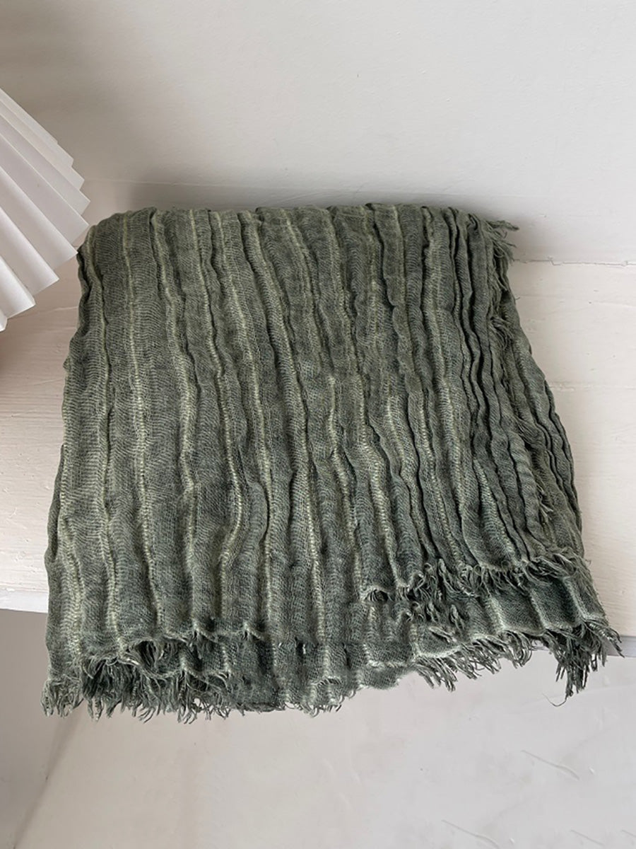 Women Vintage Shirred Pure Color Tassel Shawl Scarf