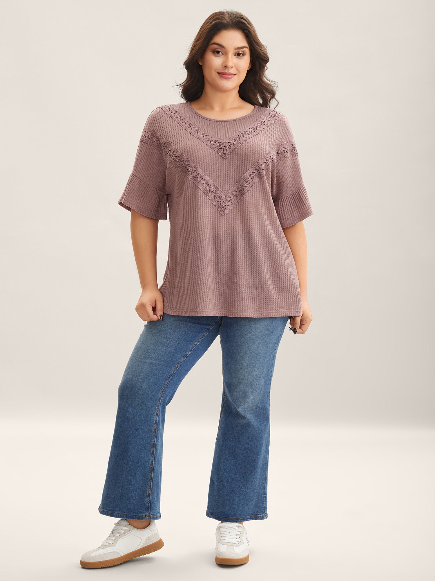 Textured Lace Ruffled Sleeve T-Shirt