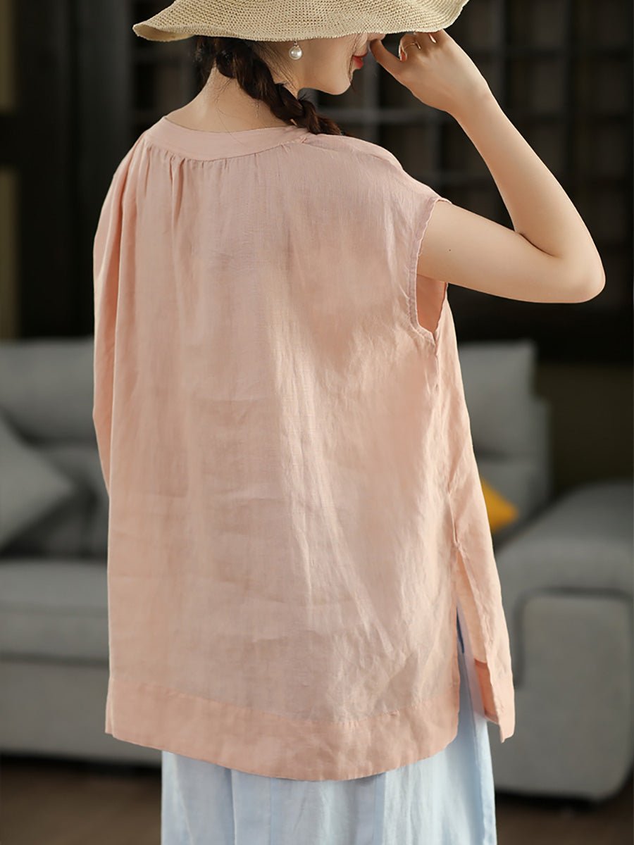 Women Summer Vintage Pure Color O-neck 100%Linen Shirt