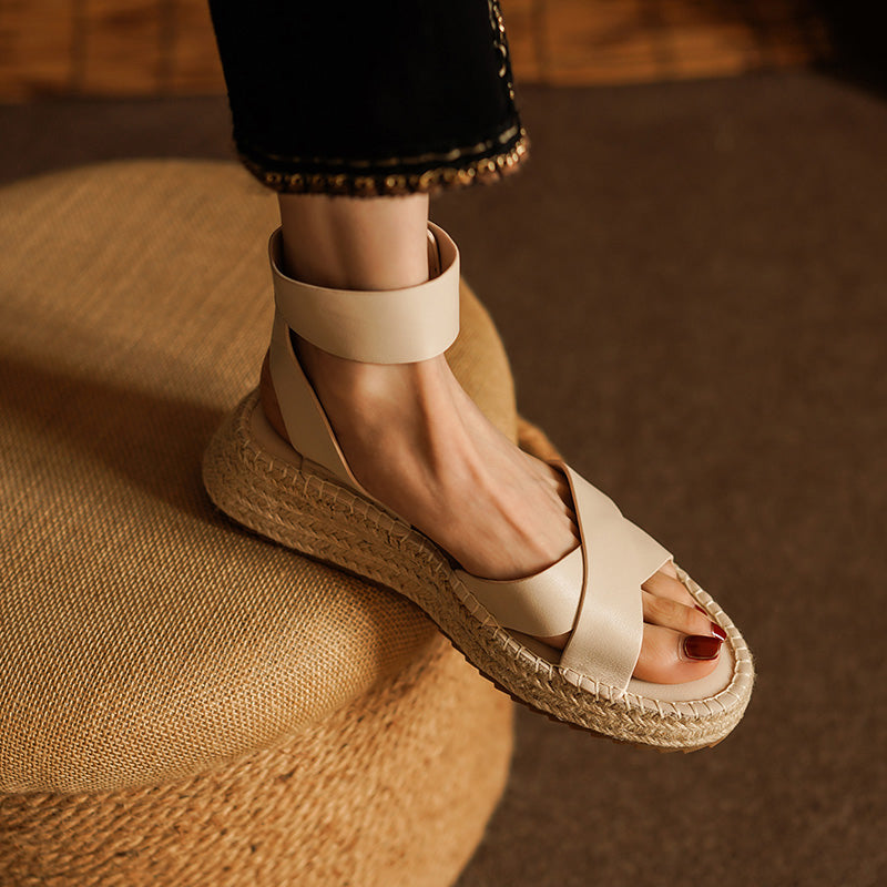 Summer Espadrille Platform Sandals Open Toe Cow Leather Wedge Sandals with Velcro Strap in Apricot Yellow/Beige/Black