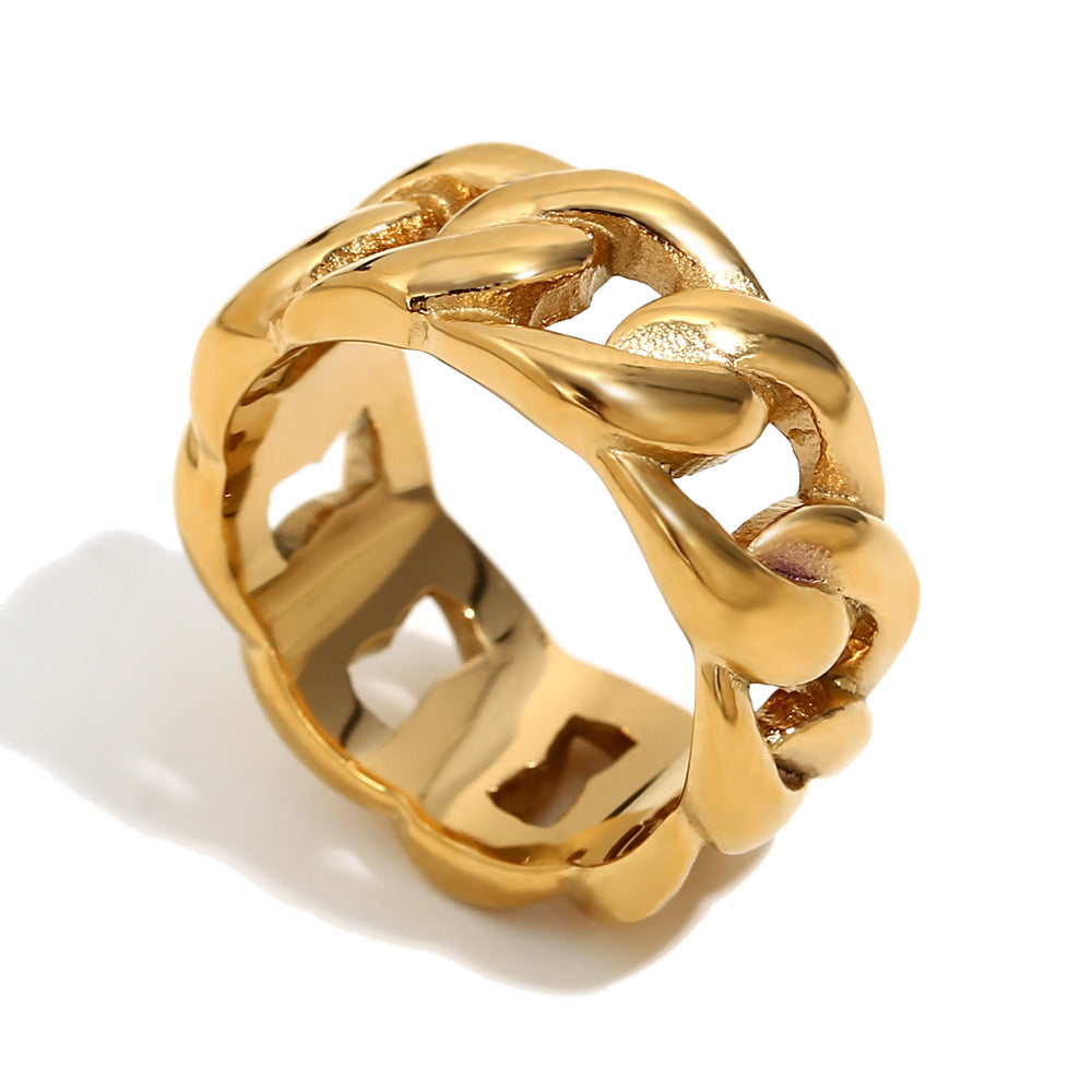 Fashion Retro Personality Bead Chain Jewelry Stainless Steel Plated 18K Gold Middle Thread Ring Female