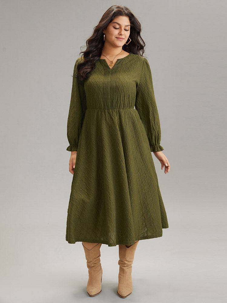 Textured Jacquard Notched Ruffle Sleeve Dress