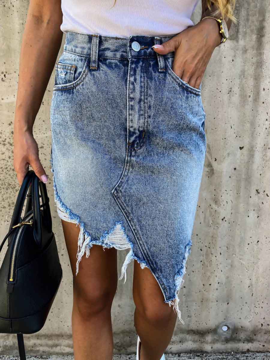 Irregular Fringed Denim Skirt