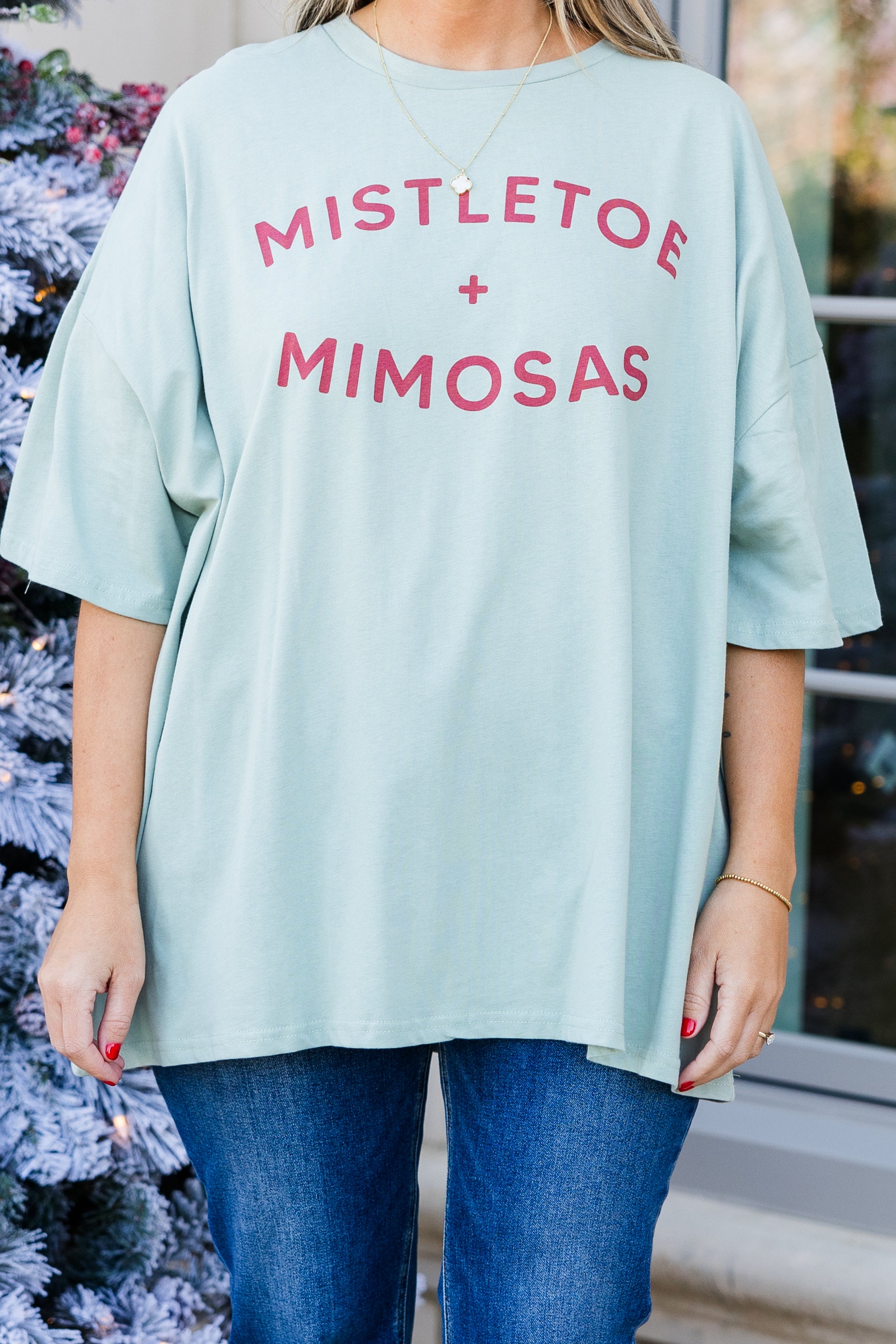 Mistletoe & Mimosas Boyfriend Tee. Light Sage