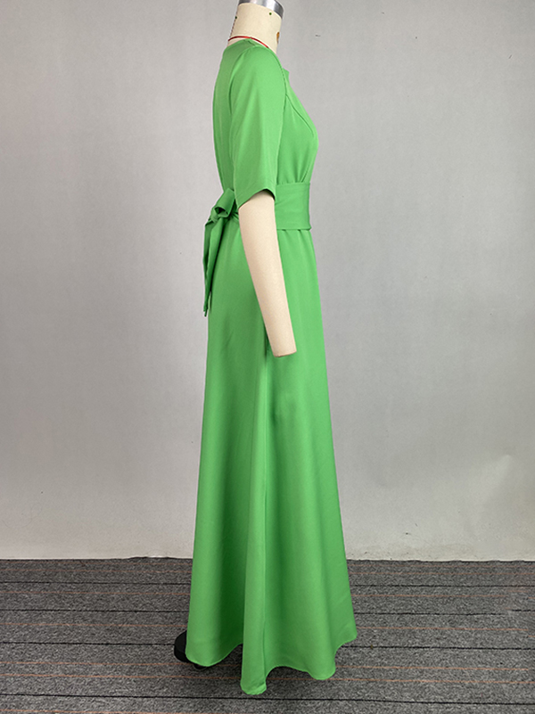 Half Sleeves High Waisted Solid Color Tied Waist V-Neck Maxi Dresses