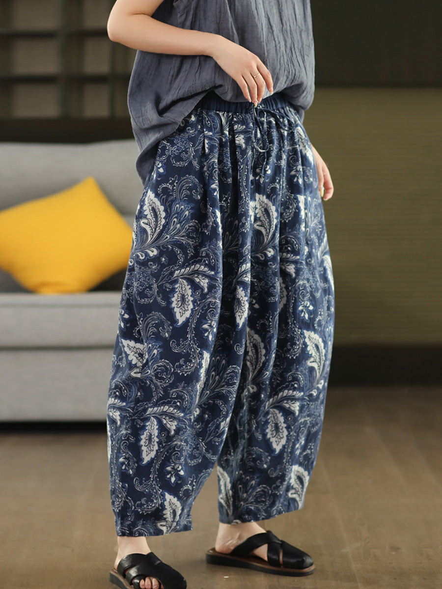 Women Artsy Summer Flower 100%Linen Harem Pants