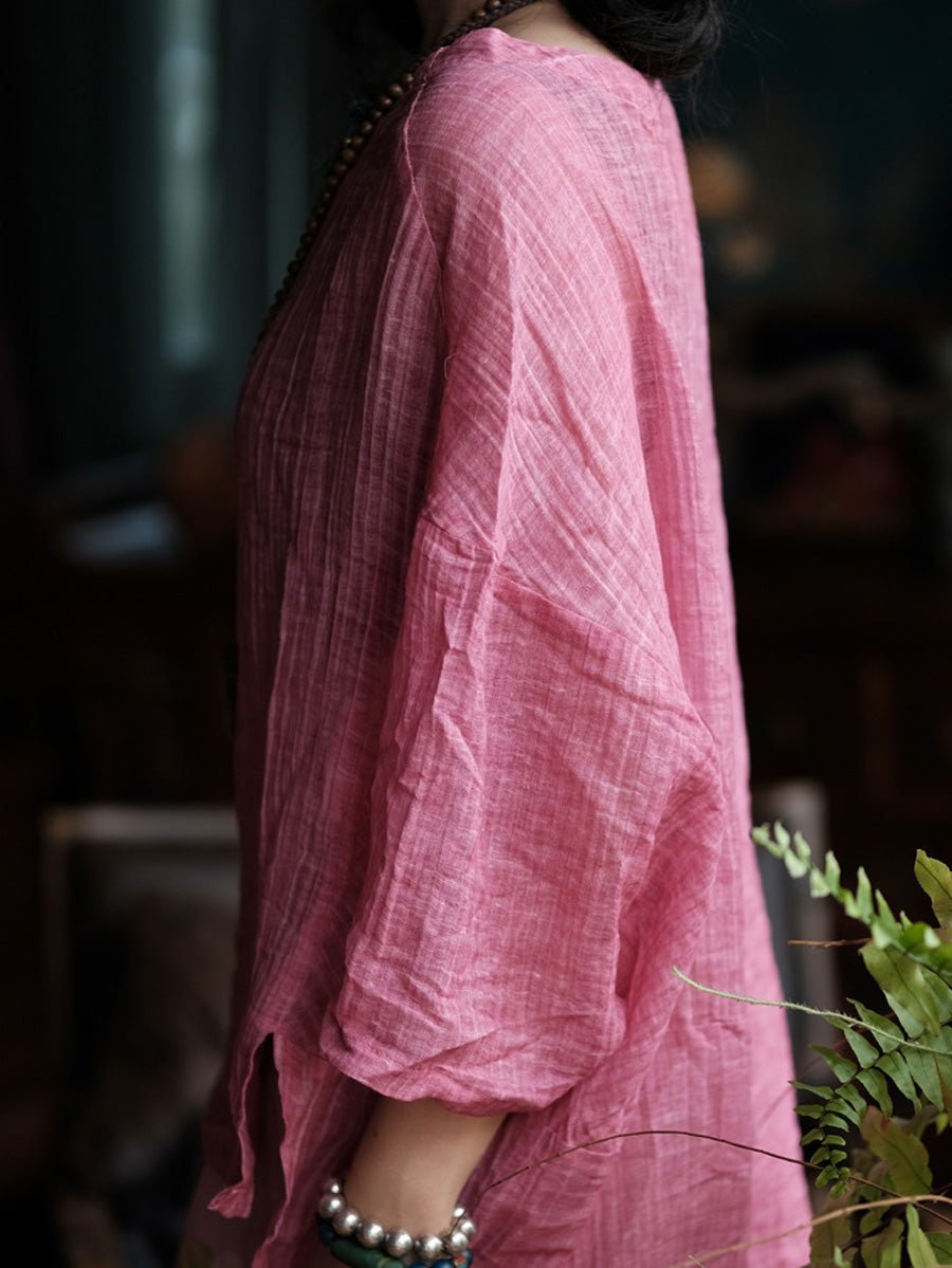 Women Summer Retro Plaid O-Neck Linen Shirt