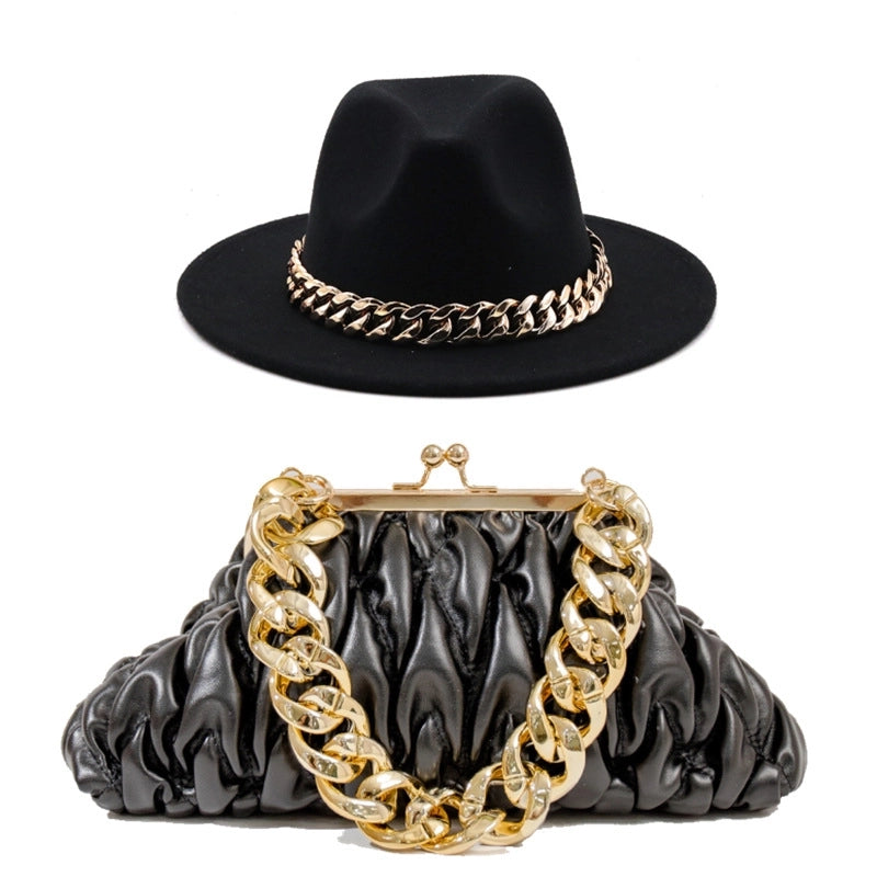 Women's British Style Solid Color Chain Flat Eaves Fedora Hat