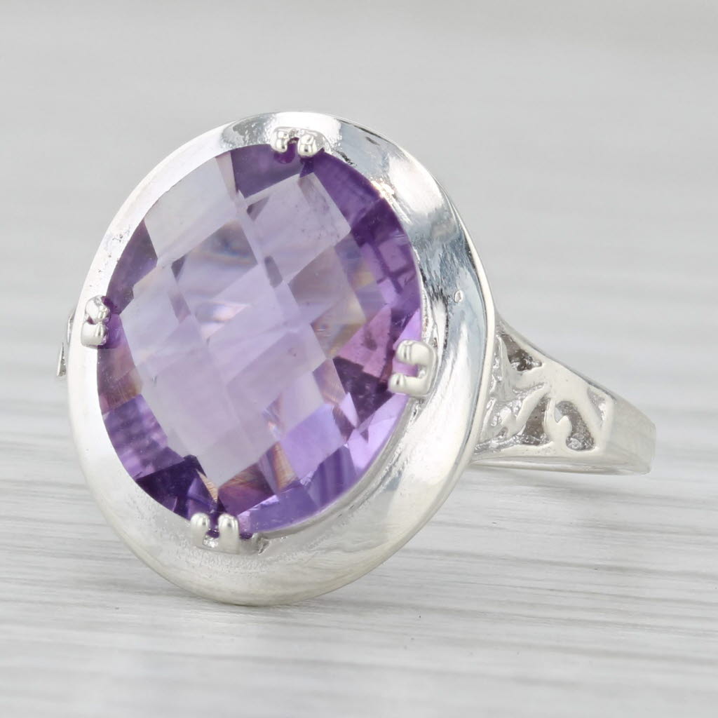 2.60ct Oval Amethyst Solitaire Ring Sterling Silver Size 6 Floral Accents