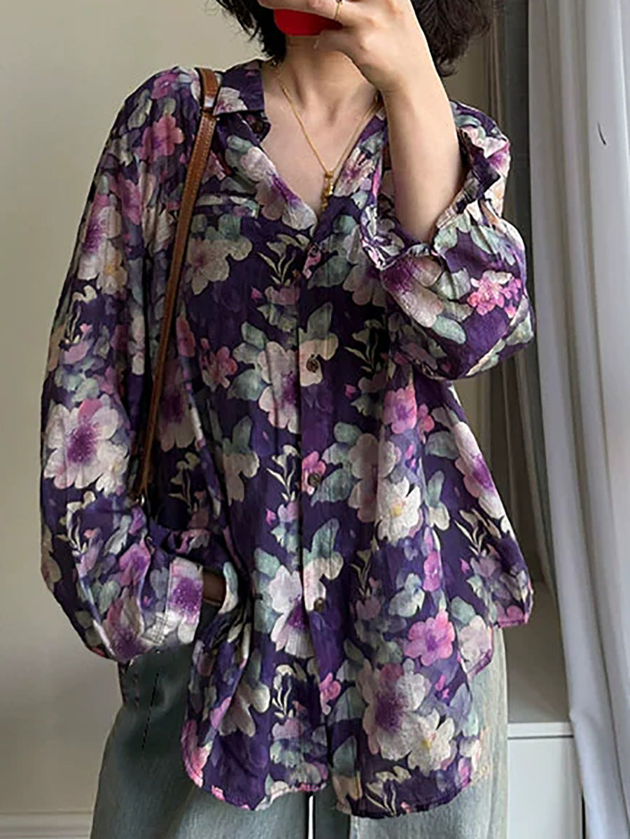 Women Summer Artsy Flower Turn-down Collar Long Sleeve Shirt