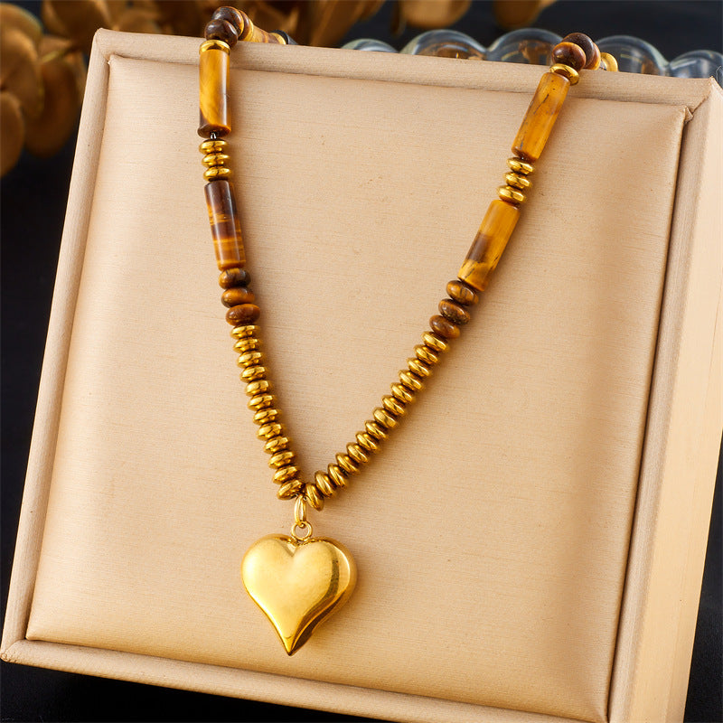 Retro Maillard Style Square Round Geometric Tiger Eye Stone Stainless Steel Round Heart Pendant Necklace