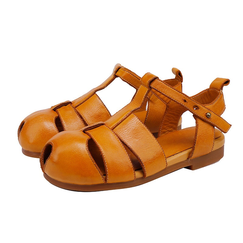 Roman Style T-Strap Soft Leather Big Toe Flats Sandals with Cut-Out Design in Caramel/Khaki