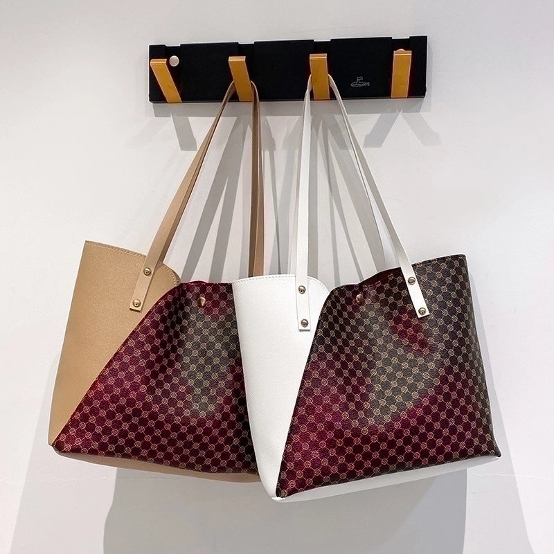 Women's Large All Seasons Pu Leather Color Block Fashion Square Lock Clasp Tote Bag