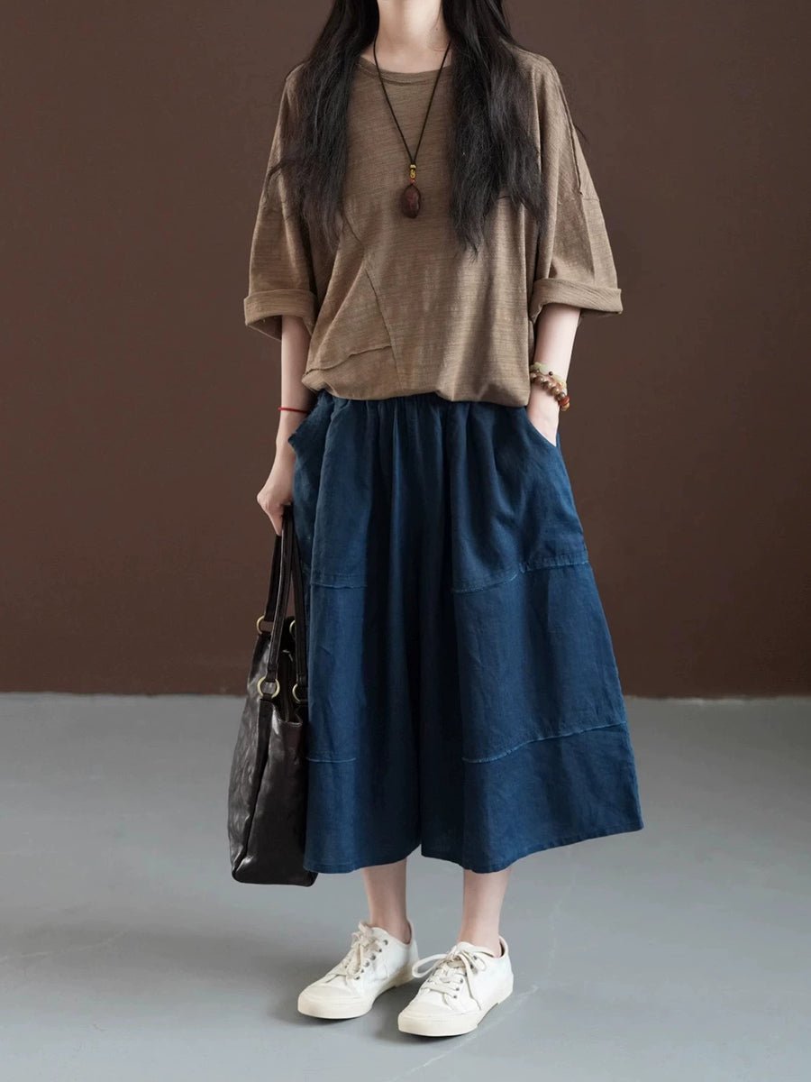 Women Summer Pure Color O-Neck Cotton Linen Shirt