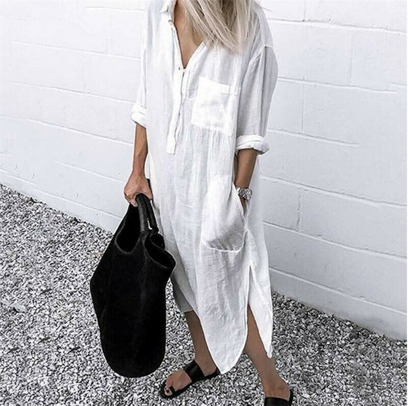 Solid Color Turn-down Collar Slit Long Shirt Dress