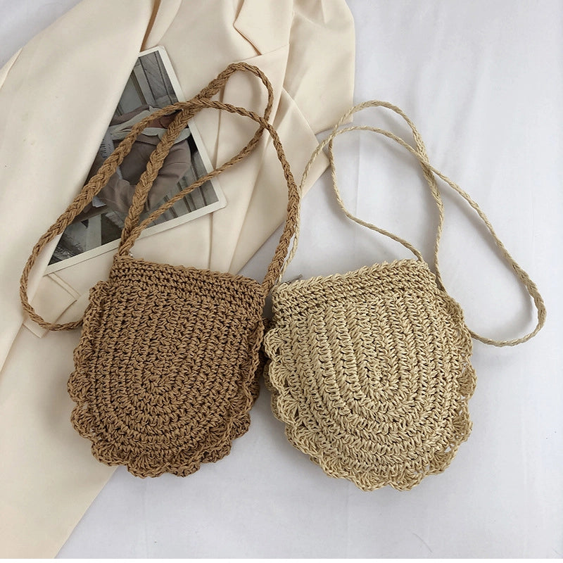Women's Small Straw Solid Color Vacation Oval Zipper Shoulder Bag Crossbody Bag Straw Bag