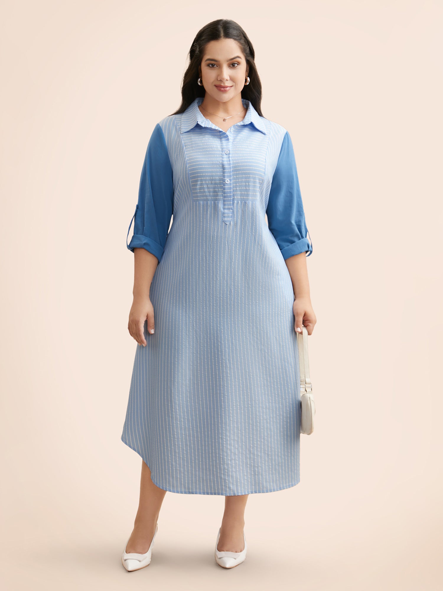 Striped Patchwork Contrast Tab Sleeve Dress