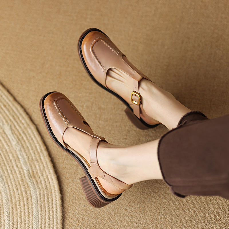 Handmade Leather Square Toe Closed-Toe T-Strap Slingback Sandals for Summer in Beige Apricot/Coconut Brown