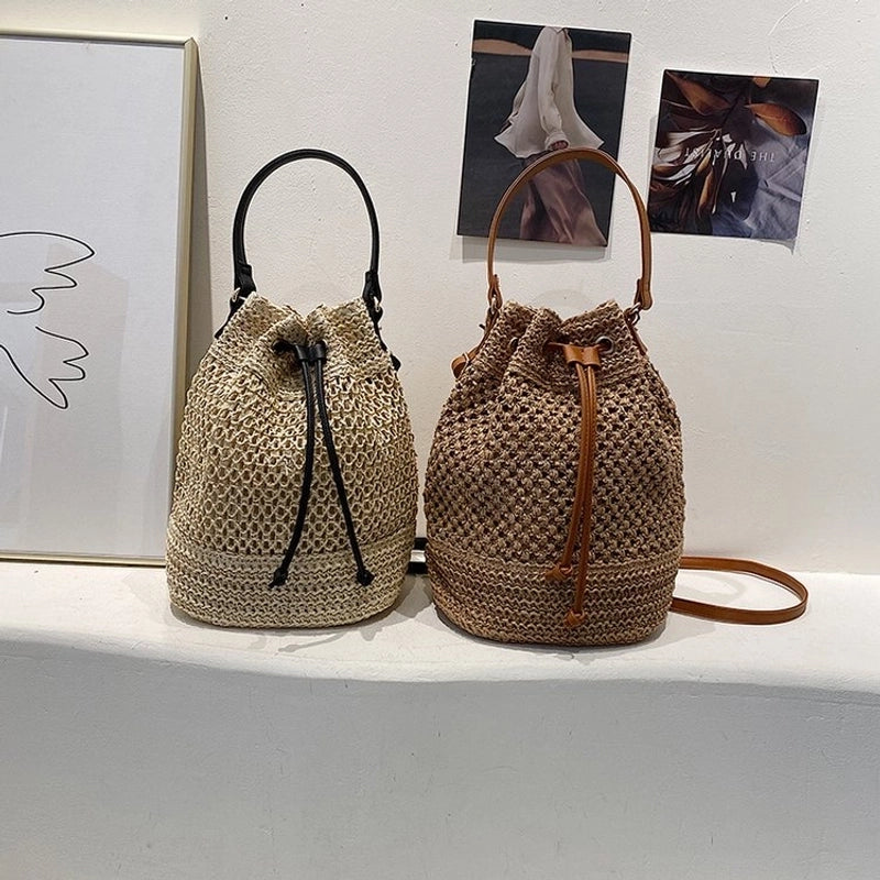 Women's Straw Solid Color Fashion Bucket String Crossbody Bag