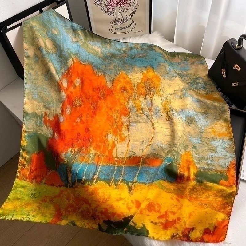 Women's Elegant Sweet Minimalist Color Block Satin Printing Floral Silk Scarf