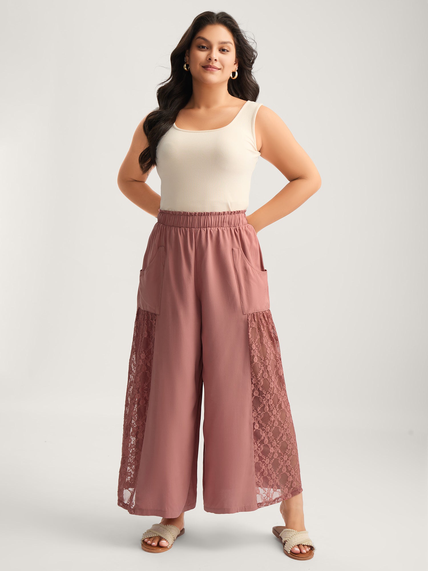 Lace Detail Stretchy Waist Wide-Leg Pants