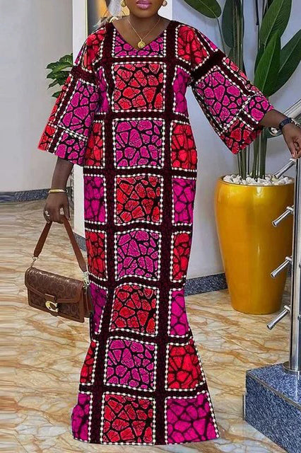 Vintage Plus Size V Neck Flare Sleeve Casual Printed Maxi Dress