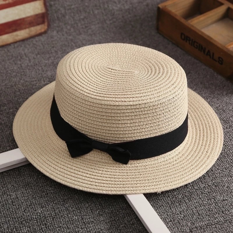 Straw Hat Female Summer British Retro Flat Top Beach Travel Hat