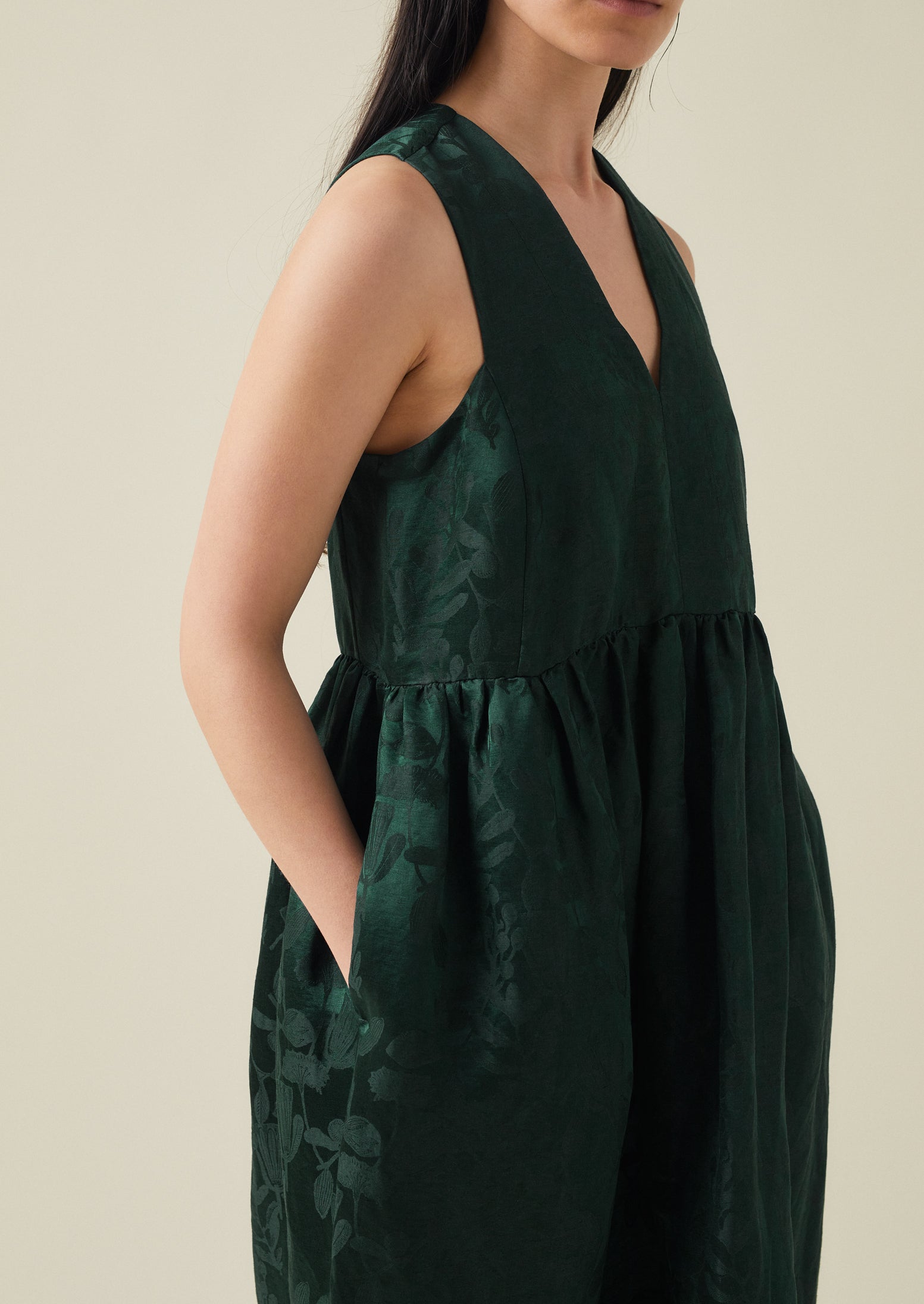 Linen Silk Jacquard Sleeveless Dress | Lapis Green
